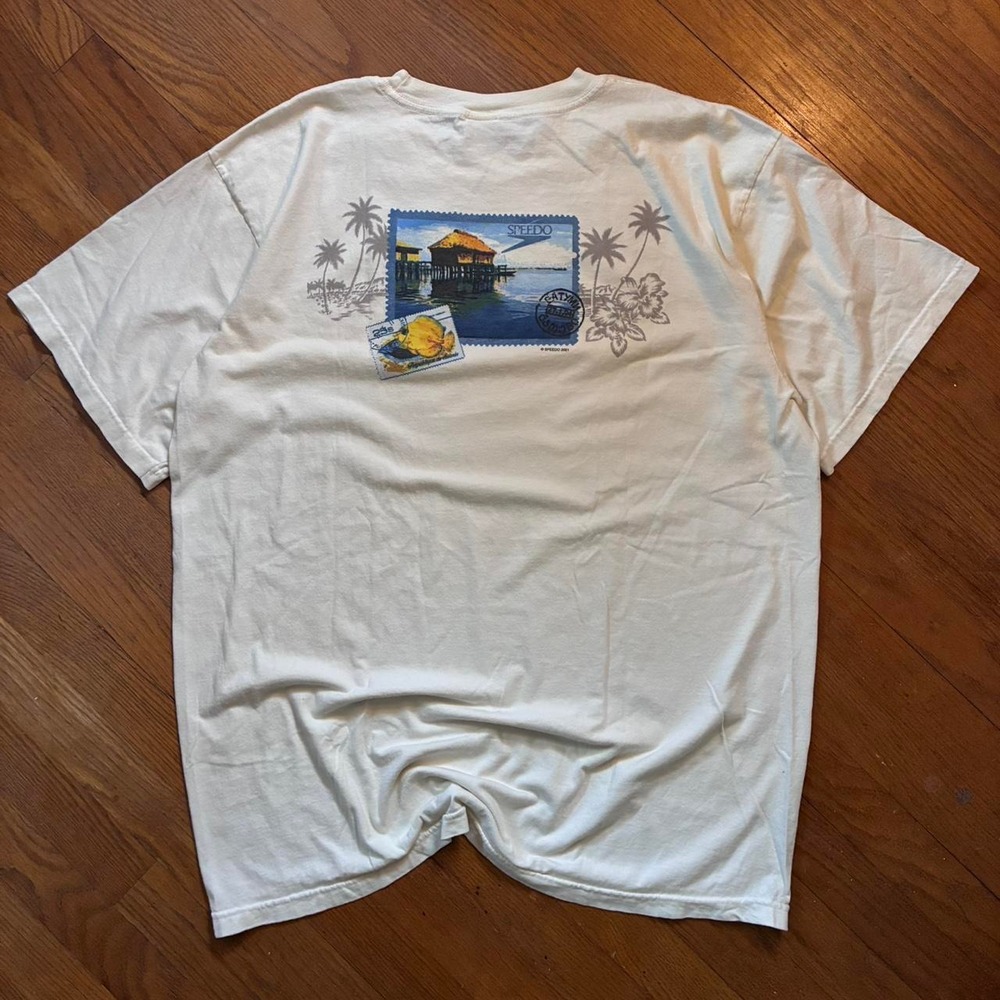 Vintage Speedo Surfwear Beach T-shirt Mens XL White Cream Graphic Tee 2001